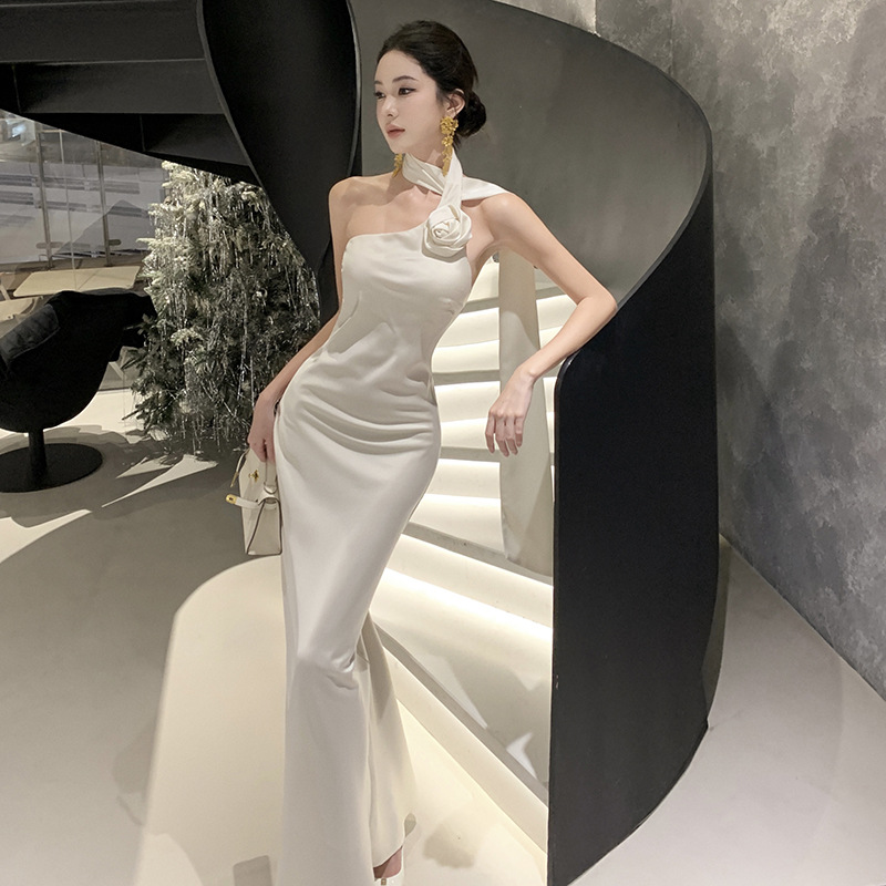 French Style Elegant Shoulder Ribbon Satin Neck dress Women's Sexy Backless Long Dress Birthday Dress
