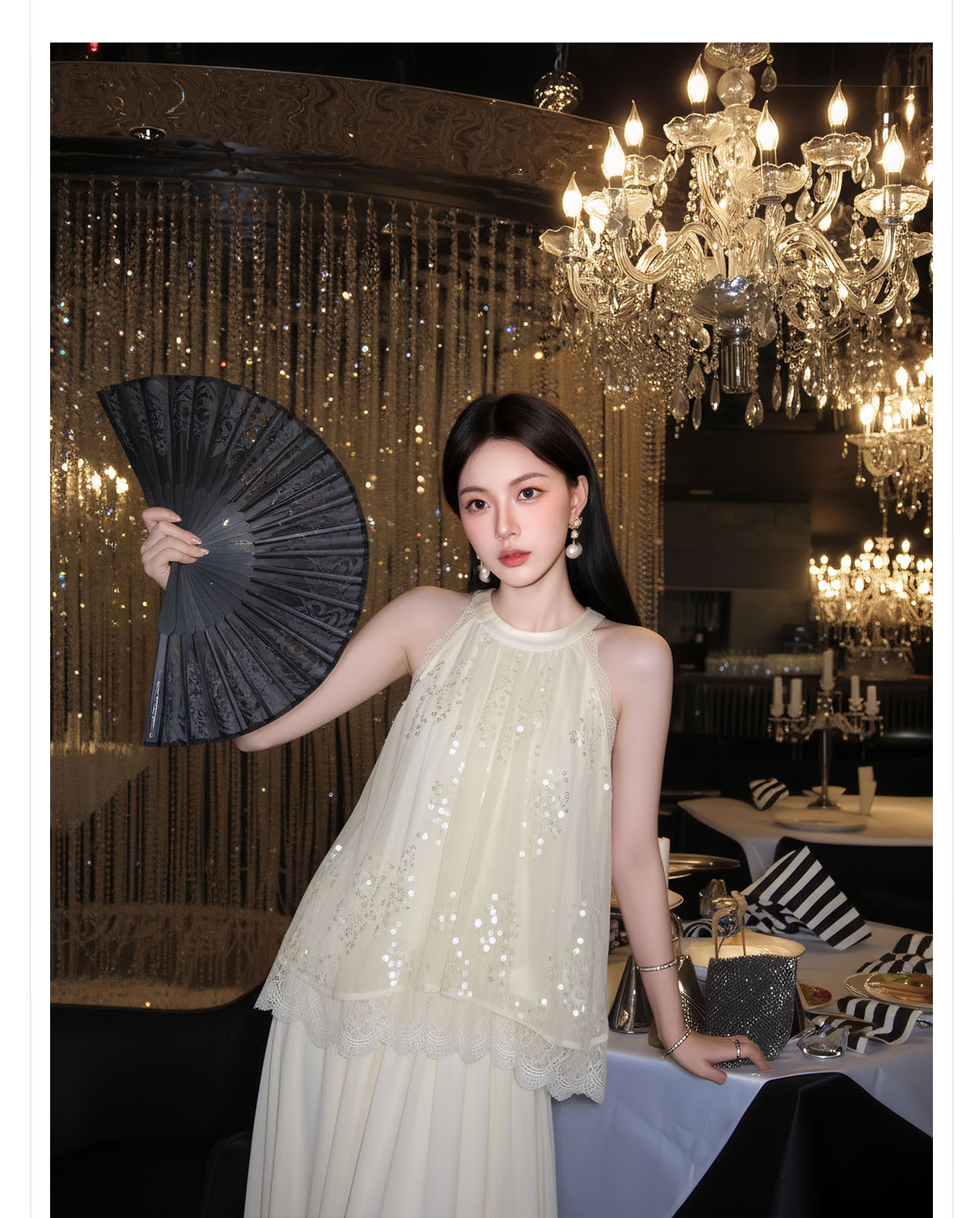 Áo croptop nữ tay ngắn cổ yếm xếp ly đính sequin phối bộ — bộ đồ, nửa váy, Gạo trắng Top chi tiết 2