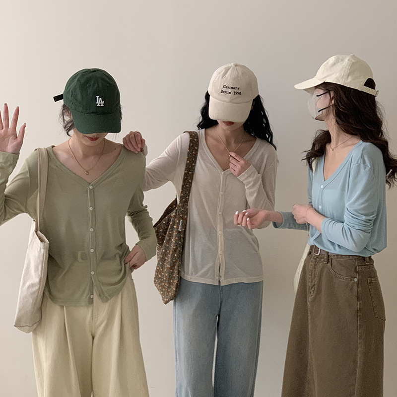 Morishima Spring Thin Tencel Cardigan Women's V Neck New Long Sleeve Top Slim Button Solid Color Easiest for Match Tops