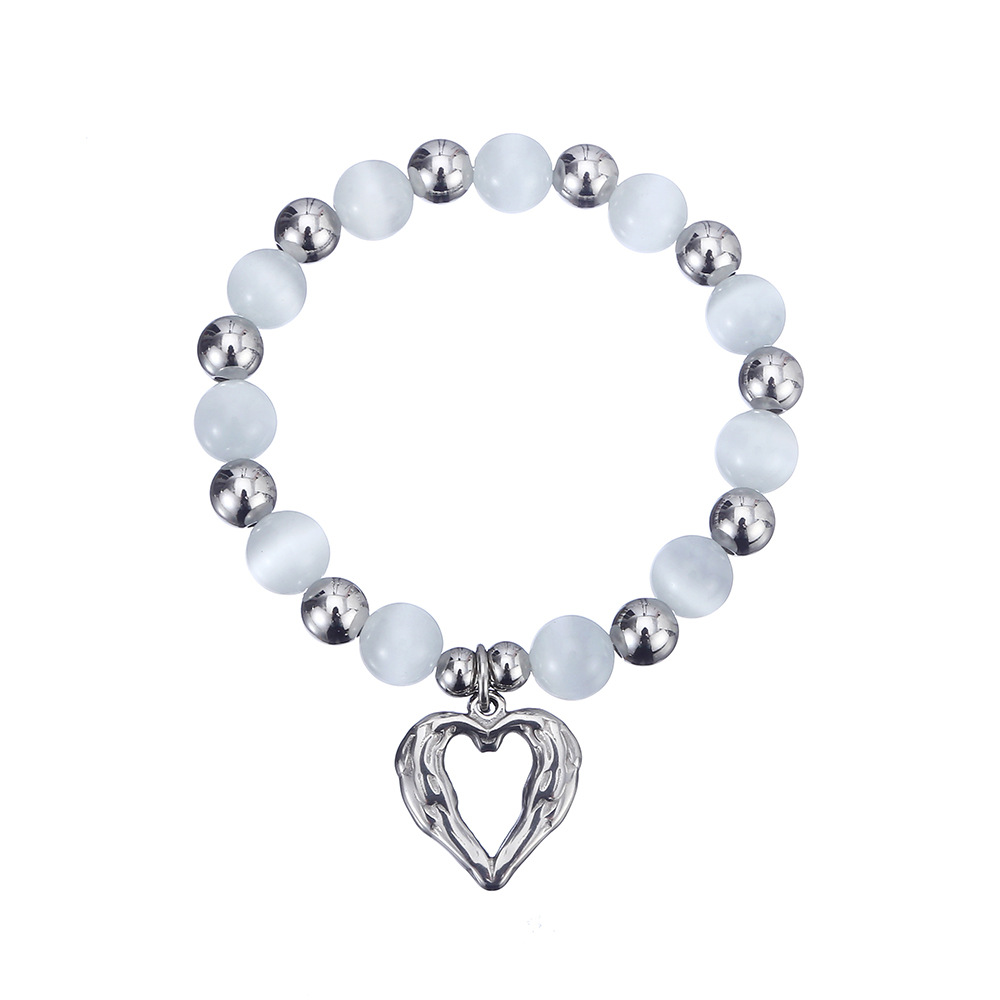 43g Weight Bracelets Classification 304 Stainless Steel Chain Material 1 Piece Quantity Holiday, Daily Occasion 304 Stainless Steel, Cat's Eye Stone Material Heart Shape Pattern Women's Gender Beaded Design Sweet Style Sweet Heart Shape 304 Stainless Steel Cat's Eye Stone Bracelets In Bulk 9