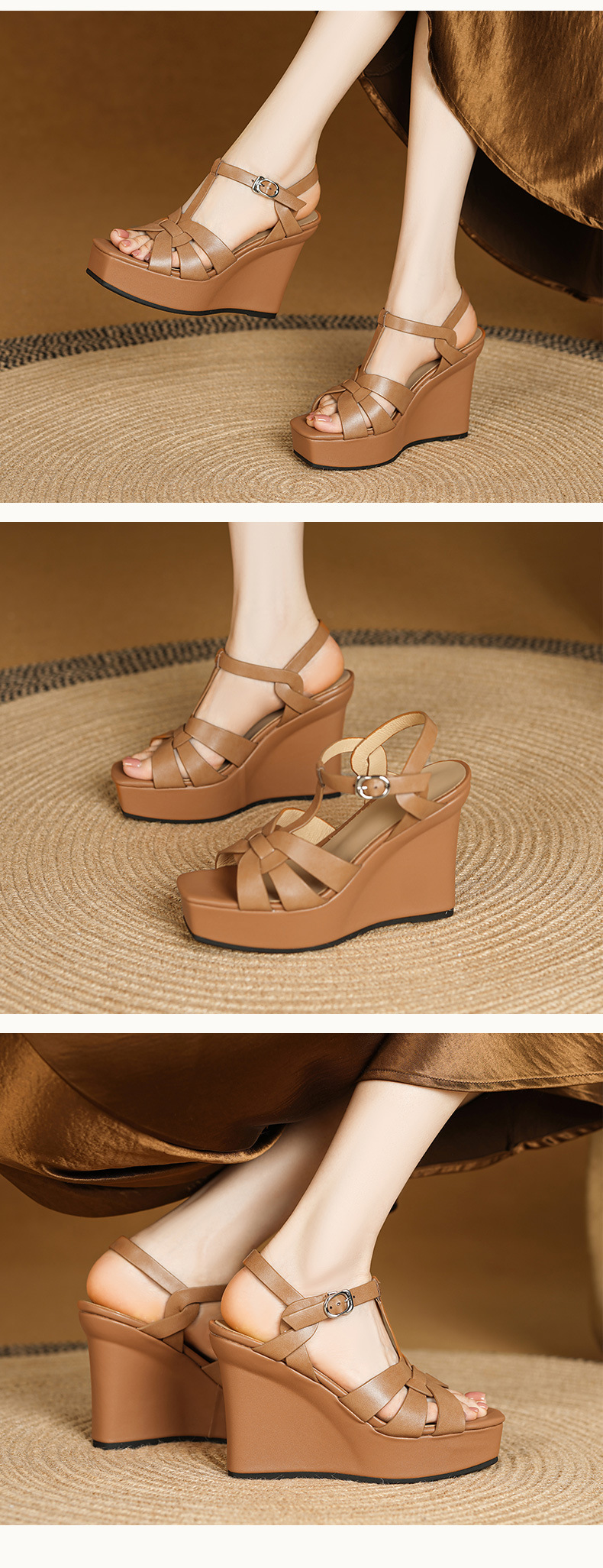 Sandal cao gót nữ hở mũi dây chéo da thật đế xuồng phong cách La Mã — Màu nâu nhạt, Màu mơ chi tiết 4