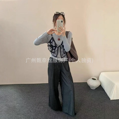 复古丝巾吊带假两件拼接针织长袖2025早秋季新款新款遮肚显瘦上衣