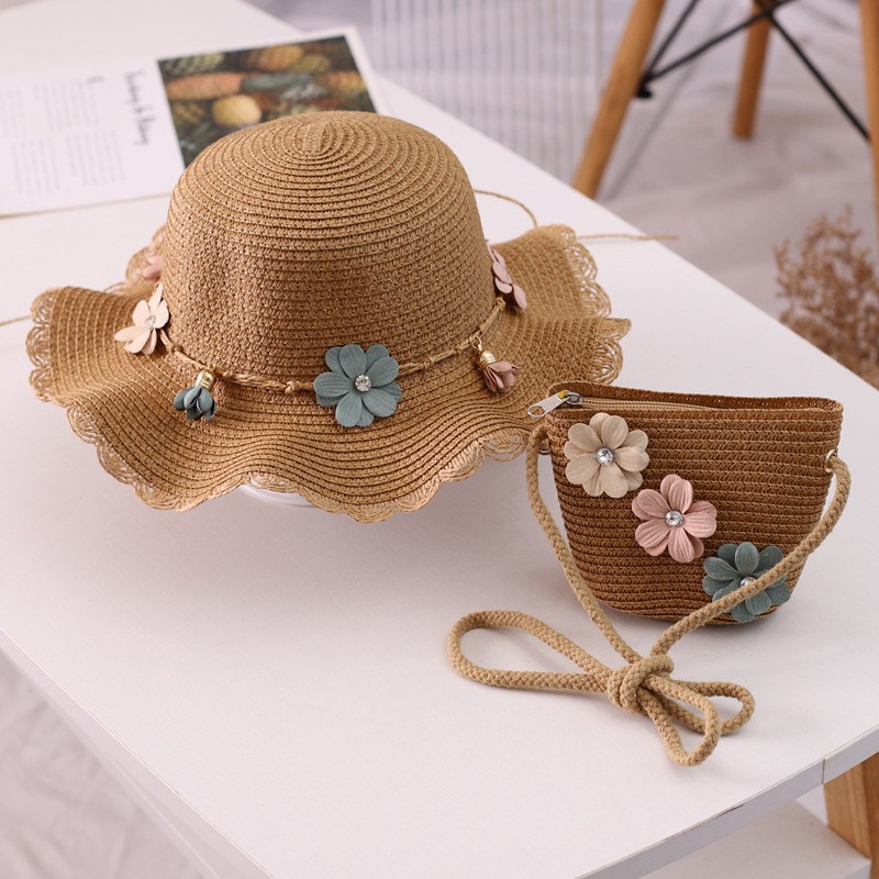 Flower diamond wavy edge straw hat-khaki