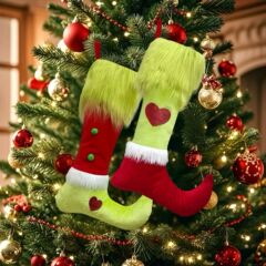 2025 クリスマスソックスロンググリーンヘアクリスマス要素クリスマスツリーハンギングソックスキャンディーバッグクリスマスペンダントギフトバッグ
