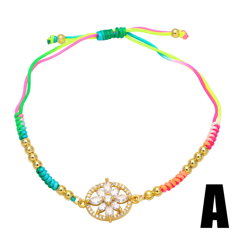 Fashion Colorful Braided Rope Flower Bohemian Ethnic Style Hand Weaving Zircon Copper Bracelet