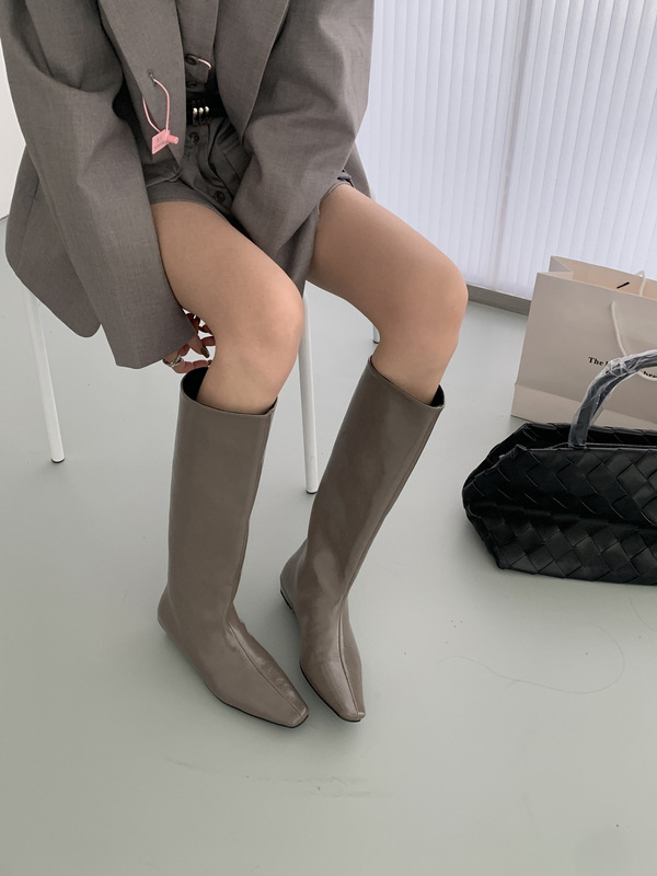 百搭气质低跟骑士靴女春秋韩版简约方头套筒高筒坡跟靴子时尚复古|undefined