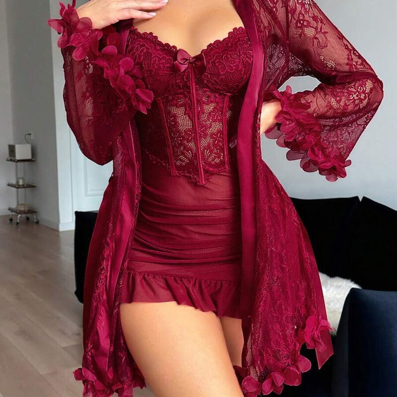 Cross-Border Foreign Trade 2026 Amazon New Lace Lingerie Mesh Two-Piece Pajama Set Sexy Women