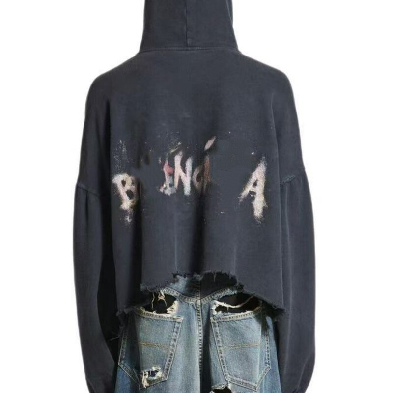 High-End Paris B Brand Embroidered Wheat Ears Colorful Hand-Painted Graffiti Collision Washed Distressed Frayed Hooded Sweatshirt