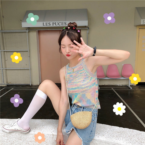 South East Asia Tie-Dye Colorful Neckless Tank Top for Women  Summer Korean Version Fitted Slimming Retro Knit Sleeveless Top