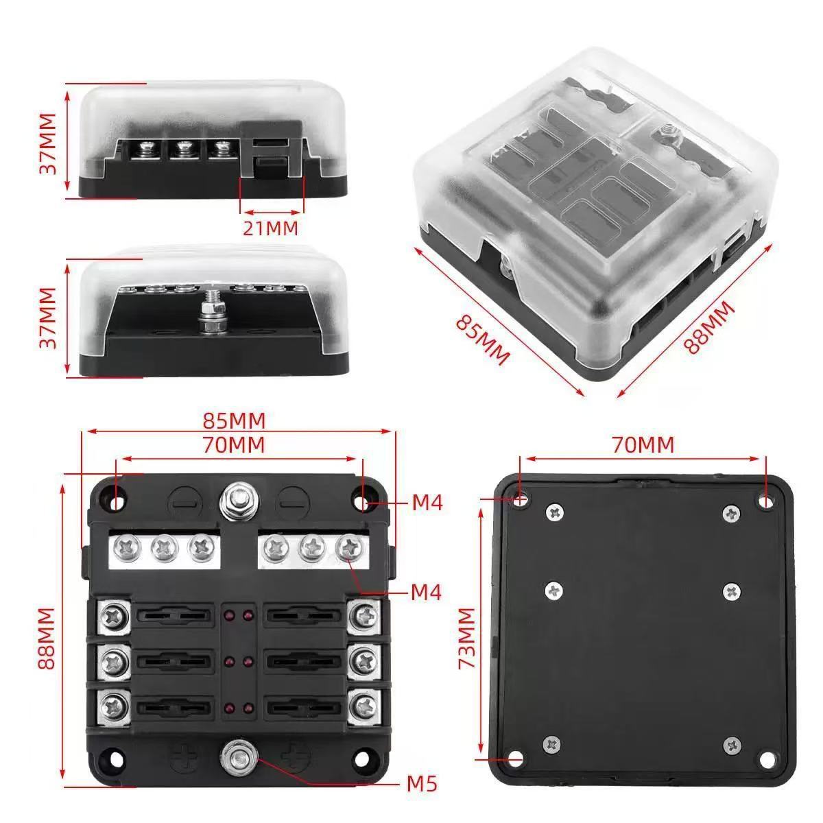 Car Fuse Box with Negative Terminal, Plug-In Screw Type, Multi-Way Fuse Box, Led Indicator Light, Boat and Car Accessories