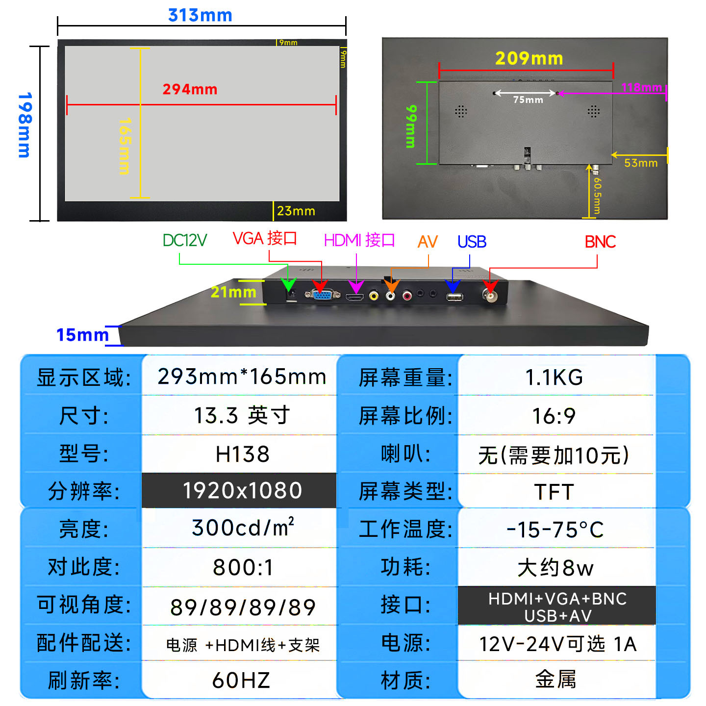 Touch Monitor 7/8/9/10/11/13/15/19/ 21inch Car Monitor Lcd Portable Display