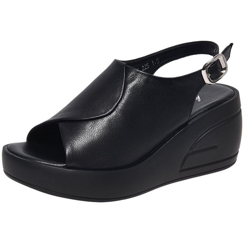 Sandal nữ đế xuồng da thật, đế mềm, quai đơn, hở mũi, gót cao 9 cm — Màu đen