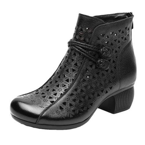 2025 Ethnic Wind Tunnel Slip-on Boots for Girls, Spring Summer, Top Layer Calfskin, Medium Heel, Mother-in-law's Cooling Boots, Outer Wear, Hollow Short Boots for Women