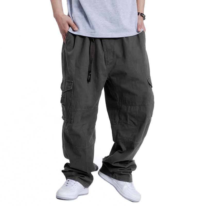 Trendy Plus-Size Men's Wide-Leg Casual Pants with Elastic Waist, Loose Hip-Hop Pure Cotton Multi-Pocket Cargo Pants for Big Guys