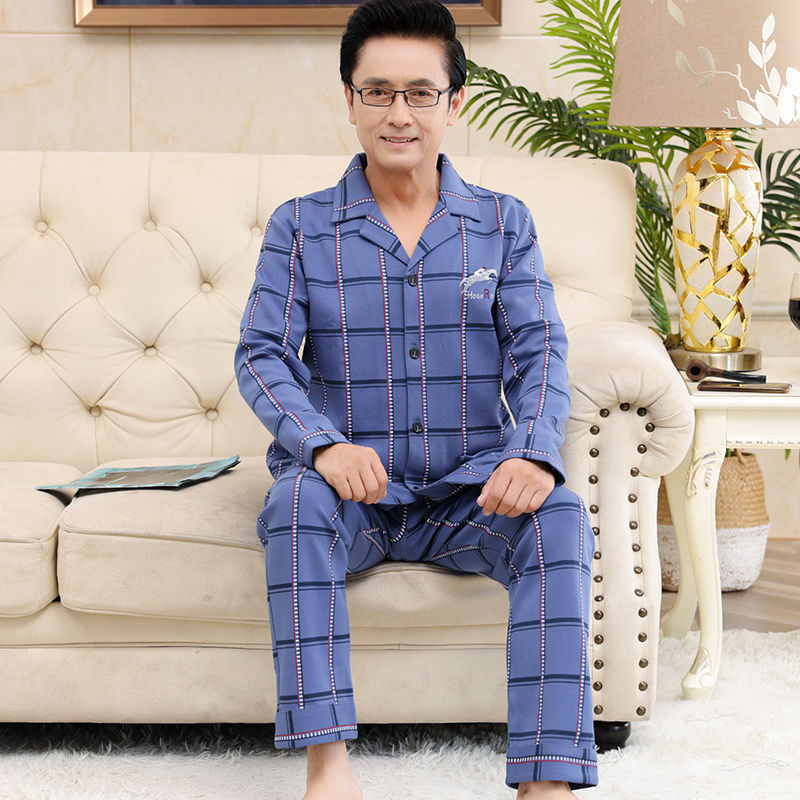 Pijamas de mediana edad y ancianos para hombres de primavera y verano 100% algodón de manga larga más tamaño cardigan Delgado traje de homewear