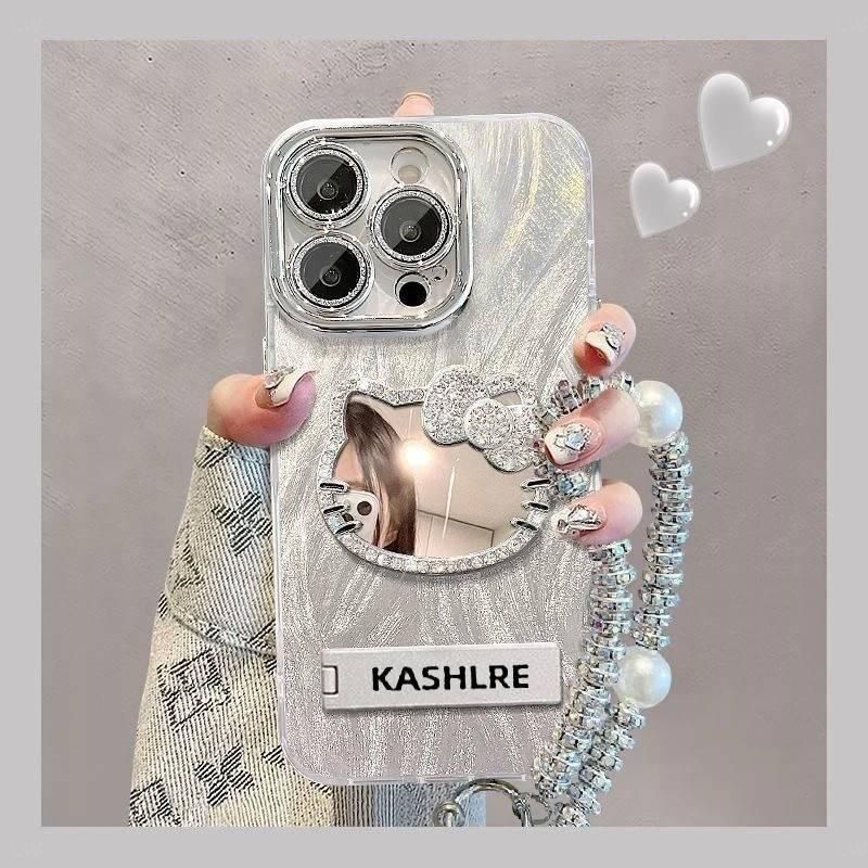 Fine-Hole Glitter Feather Yarn Apple 17 Phone Case Kt Cat with Mirror iPhone 15 Pro Max Full-Cover Protective Case