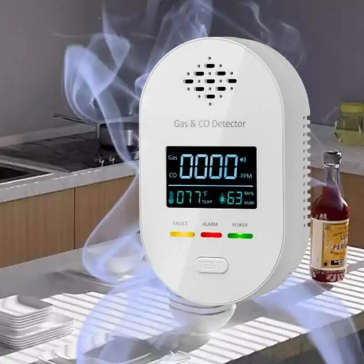 燃气一氧化碳温湿度四合一报警器家用户外墙插高清LCD屏显探测仪