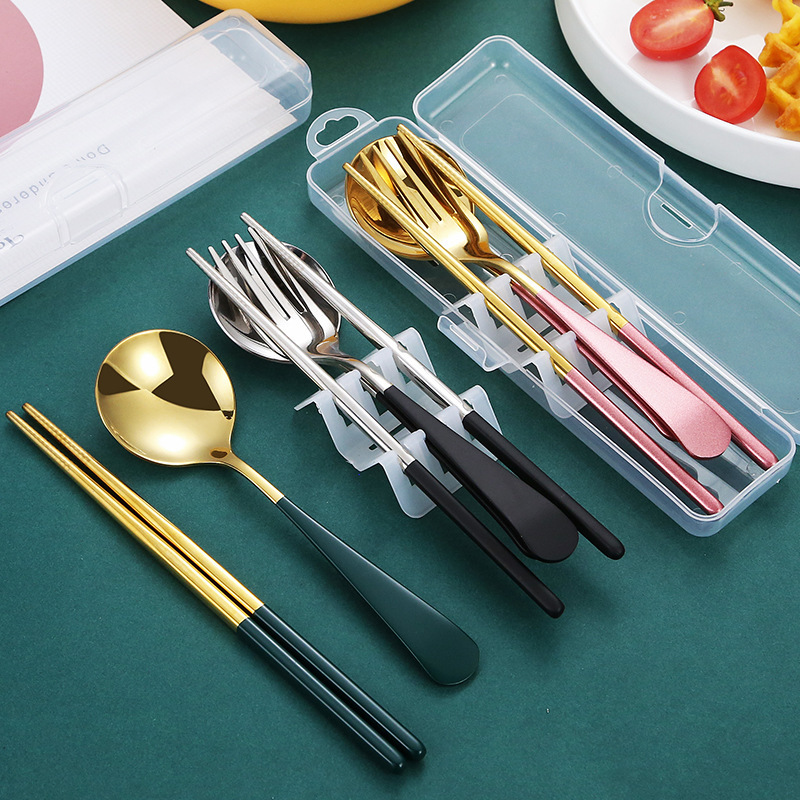 Portable Tableware 304 Stainless Steel Spoon, Chopsticks and Fork Three-Piece Set, High-Looking Student Tableware, Round Spoon and Chopsticks Set Portable Tableware 304 Stainless Steel Spoon, Chopsticks and Fork Three-Piece Set, High-Looking Student Tableware, Round Spoon and Chopsticks Set