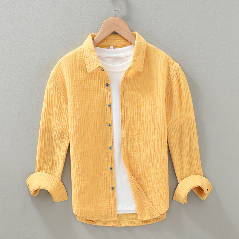 Double-layer Cotton Yarn Shirt Men's Korean-style Slim-fit Crumpled Pure Cotton Long-sleeved White Shirt Casual Handsome Top Trendy Solid Color Double-layer Cotton Yarn Shirt Men's Korean-style Slim-fit Crumpled Pure Cotton Long-sleeved White Shirt Casual Handsome Top Trendy Solid Color