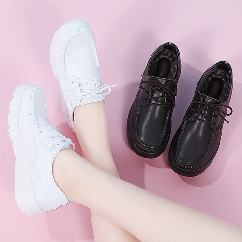 New nurse shoes women's soft-soled casual leather shoes with laces lightweight black and white work shoes factory wholesale