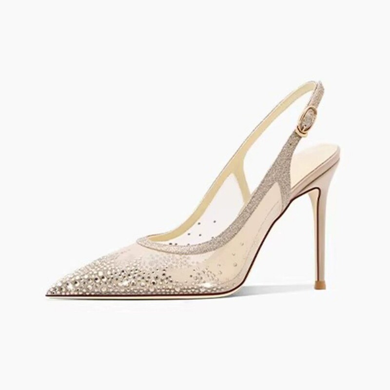 Nude-Colored Pointed-Toe High-Heeled Shoes That Won'T Tire Your Feet at Work, Perfect for Pairing with Skirts, Breathable Mesh Rhinestone Toe-Cap Sandals for Women in Summer