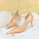 8829-A5 Style Banquet High Heels, Thin Heels, Shallow Mouth Metal Pointed Iron Toe, Shiny Lacquer Leather Side Hollow Single Shoes