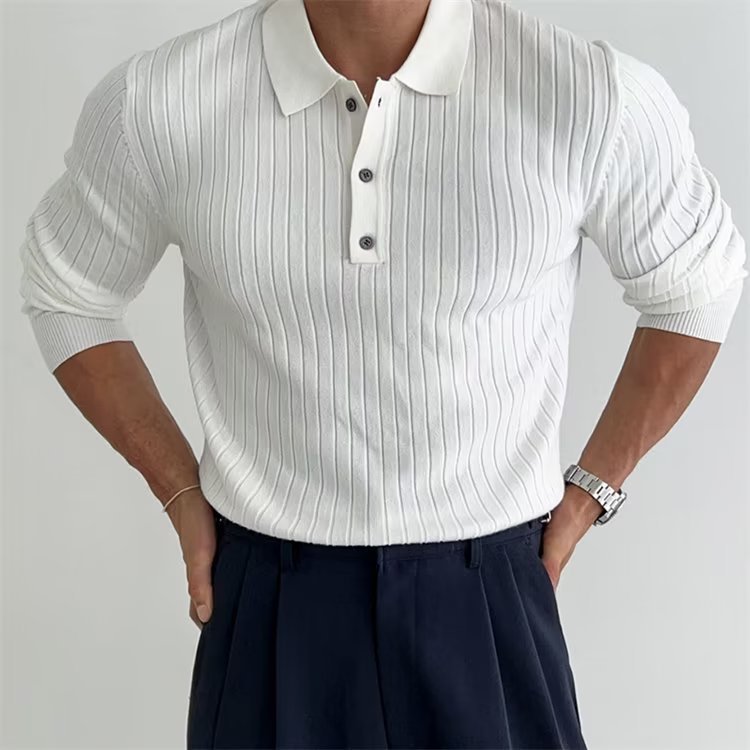 Camisa POLO de manga larga tejida para hombre, top de solapa a rayas sencillo para fitness de otoño, camisa POLO de manga larga para hombre