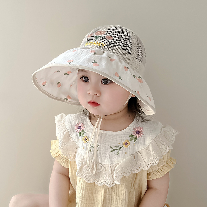 Sombrero para niños verano fino malla transpirable sombrero de ala grande sombrero de protección solar mujer bebé dulce flor sombrero de pescador