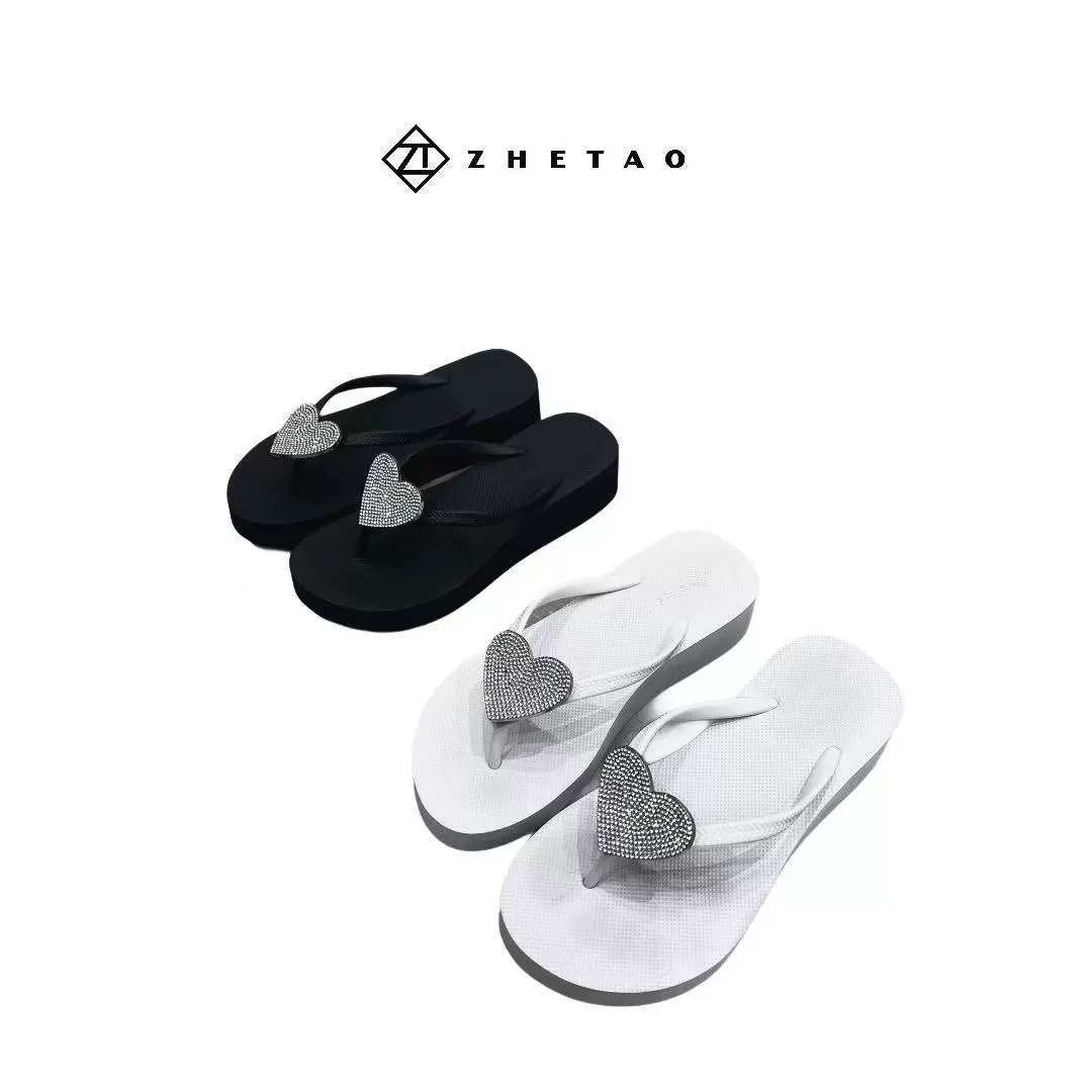 zhetao2025 весенне-летний новый стиль 4cm шлепанцы на танкетке с яркими бриллиантами на толстой подошве, пляжные модные тапочки с большим персиковым сердцем