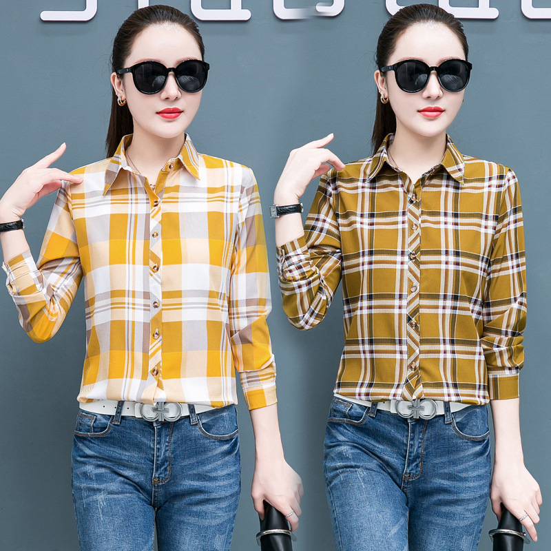 Autumn Plaid Shirt for Women 2021 New Micro-Elastic Korean Style Versatile Women's Top Loose Retro Hong Kong Style Long-Sleeved Sun Protection
