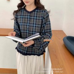 琪镌绘制秋季新款条纹款木耳边下摆拼接款女装休闲宽松衬衫5708-1