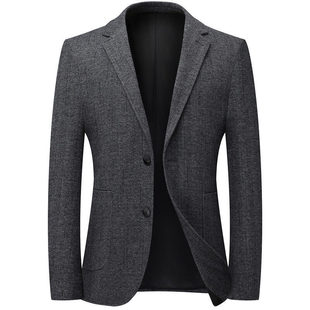 2024 Autumn and Winter New Herringbone Pattern Suit Grey Machine Washable in stock Slim-Fit Round Neck Single Row Two Buckle Linen