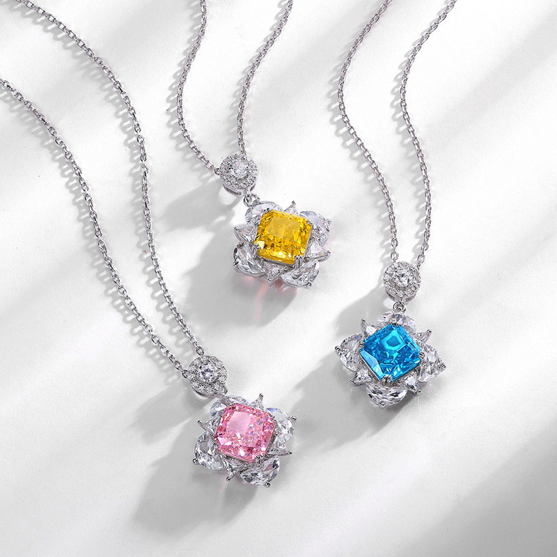 Wilsheng 2022 nuevo S925 plata alto carbono diamante colgante europeo y americano sentido 12ct cuadrado hielo flor corte collar
