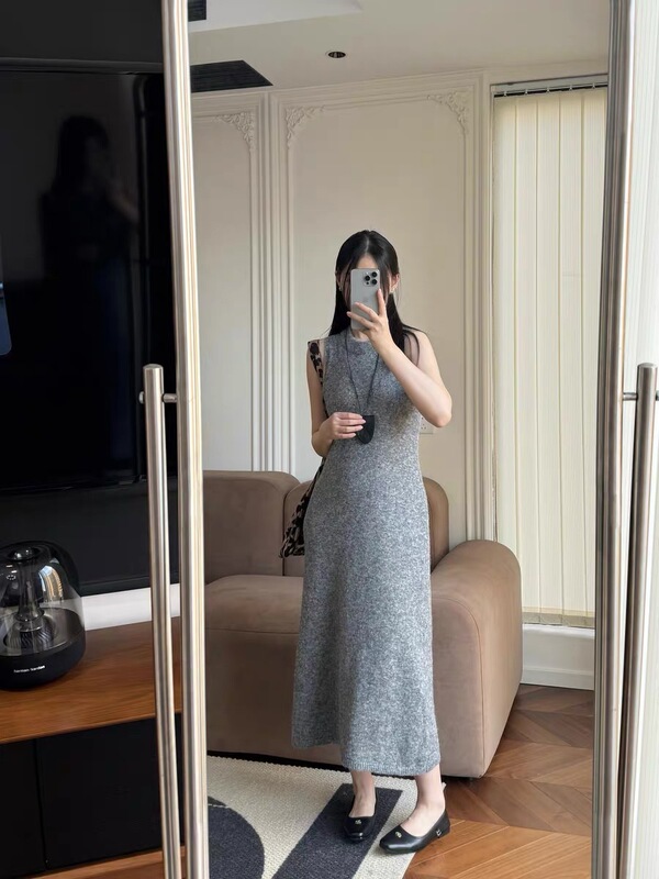 韩系针织两件套女秋冬新款慵懒风长袖毛衣开衫+中长款背心裙套装|undefined