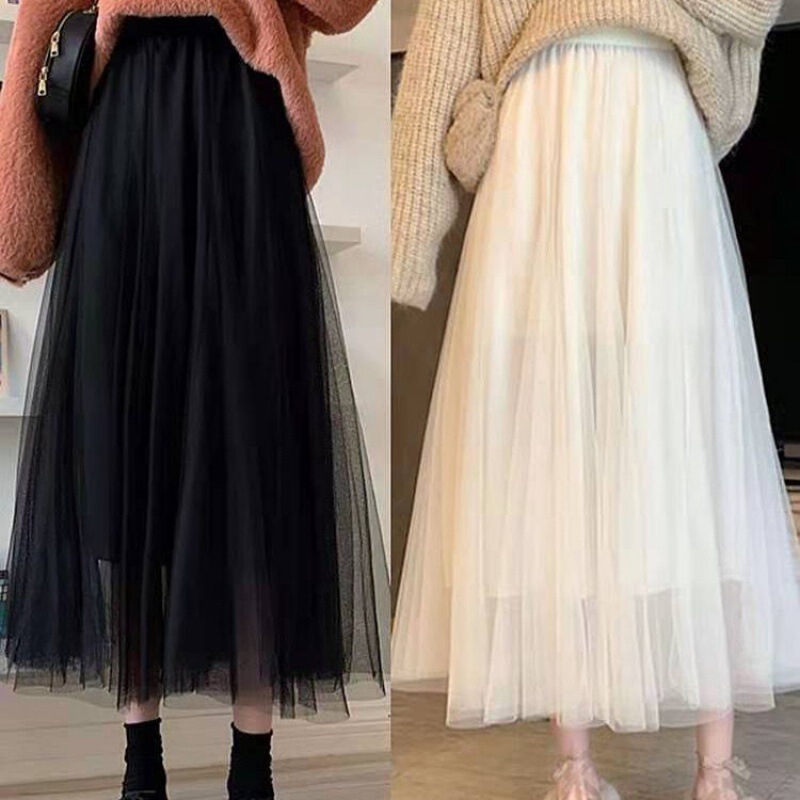 [lined] Mesh Skirt 2021 New a-line Skirt High Waist Slim Pleated ins Mid-length Swing Skirt