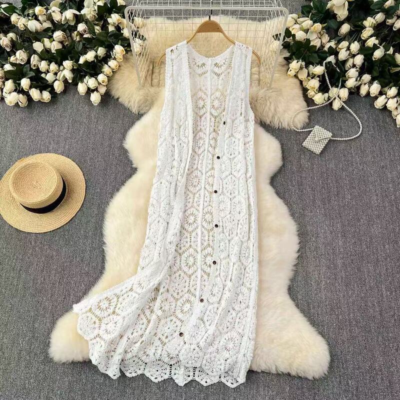 Mid-Length Shawl Jacket for Women on Seaside Vacation, Cut Out Crochet Cardigan, Sleeveless Outer Layer, Layered Vest, Vest Top