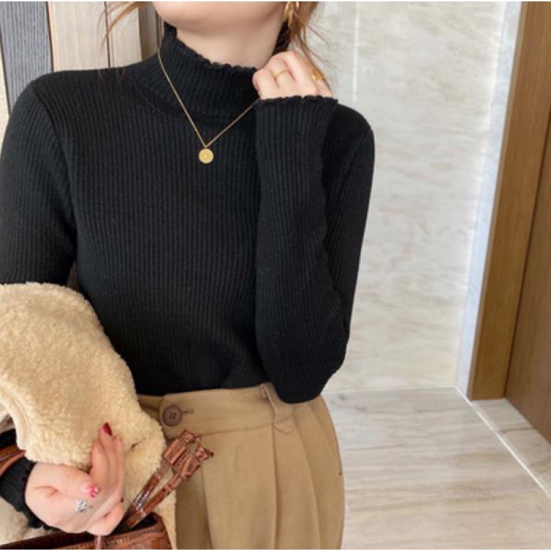 Otoño e invierno nuevo forro polar engrosado de terciopelo de una pieza suéter de mujer medio cuello alto color sólido interior estilo occidental suéter de fondo moda femenina