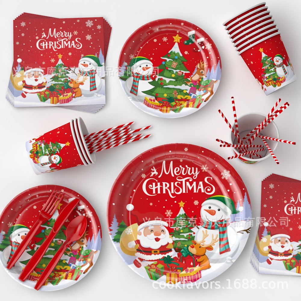 Nuevos artículos de decoración de la fiesta de Navidad bandeja de papel desechable taza de papel toallas de bandera de dibujo de decoración de platos