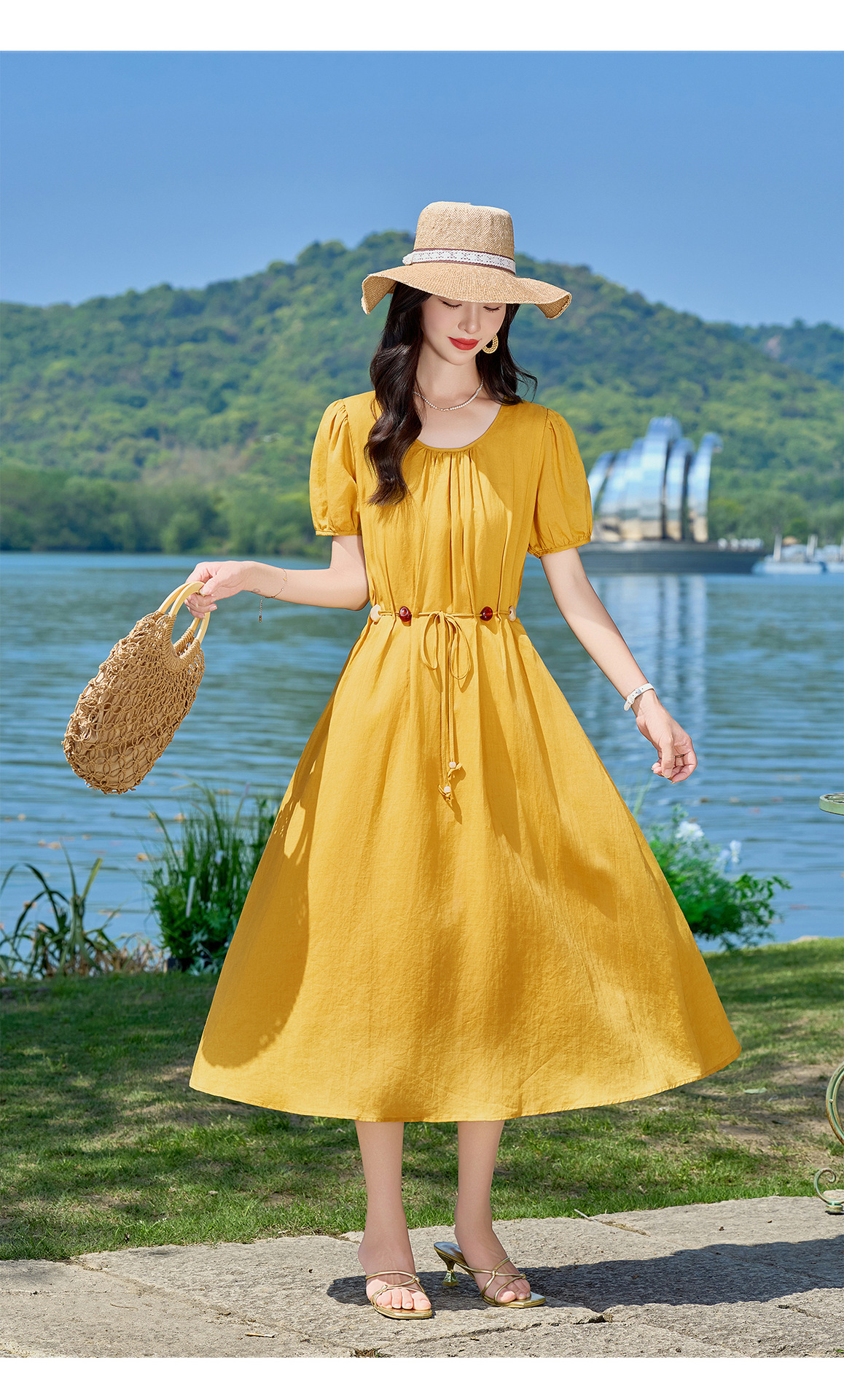 Đầm suông midi cổ V eo thắt dây dáng chữ A tay ngắn — Xanh lông mòng đen, màu trắng, màu vàng chi tiết 19