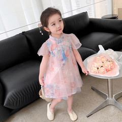 Foreign Trade Children's Summer Cheongsam for Girls, Chinese-style Modified Floral Hanfu Dress, Girls' Traditional Chinese Princess Dress