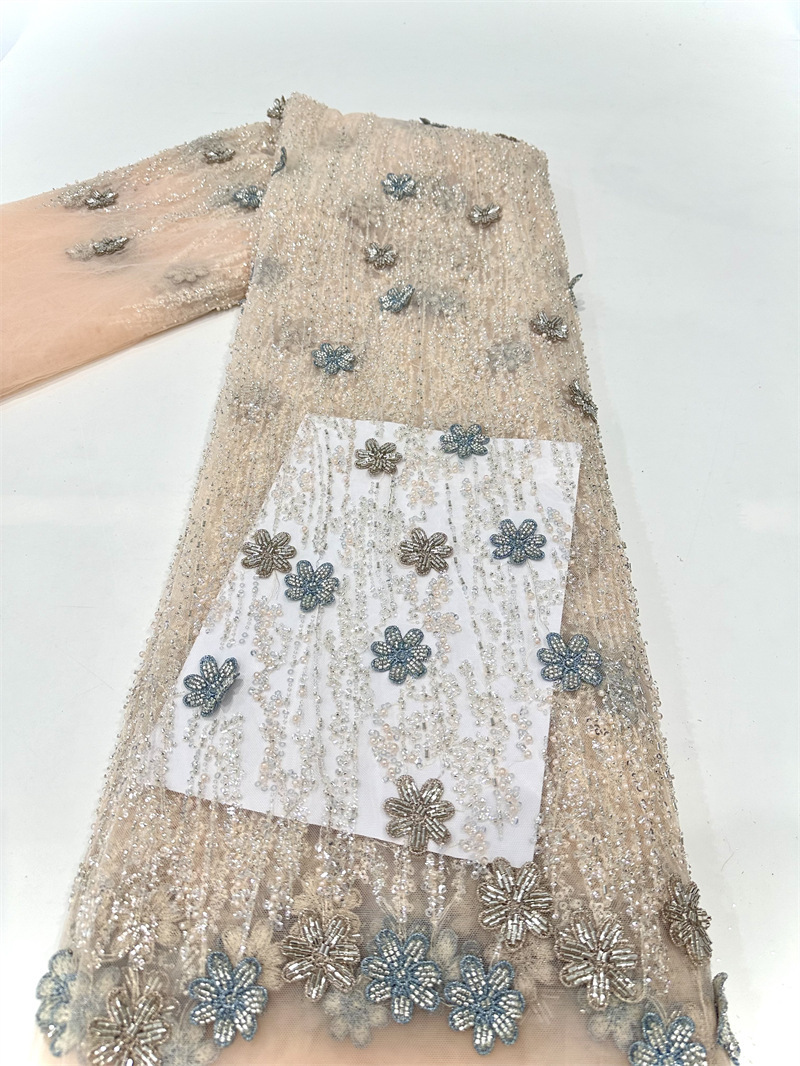 Multicolor decalca hecha a mano tubo de perlas bordado tela de malla pequeña cena de hadas fresca vestido de boda tela de vestido