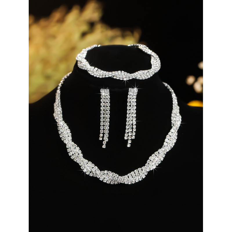 Moda venda quente cheio de diamante enrolamento torção três peças conjunto nupcial casamento brincos colar pulseira conjunto_voghion.com