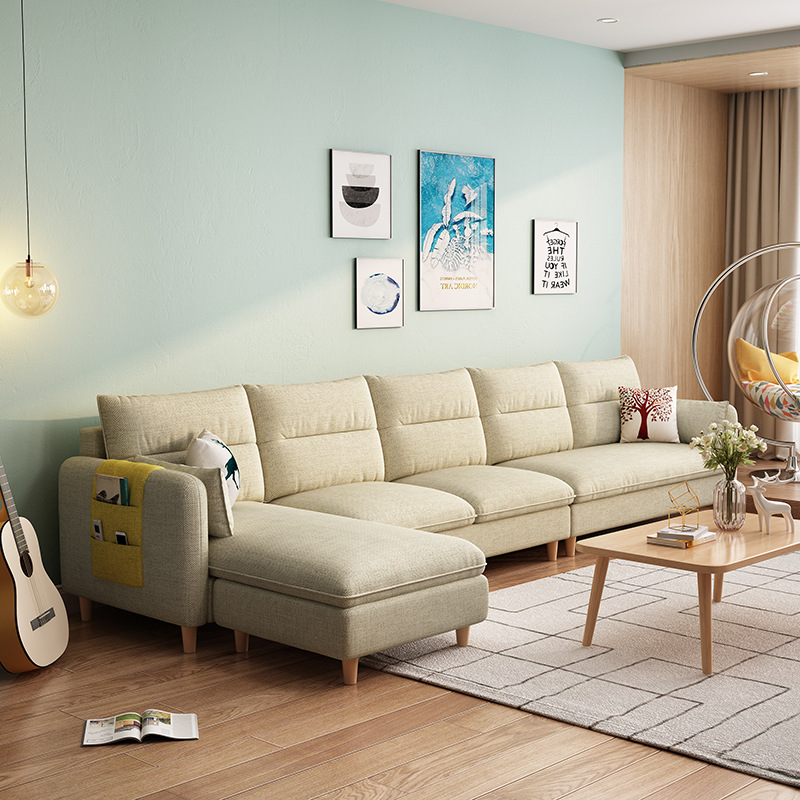 Nordic Fabric Sofa for Living Room, Simple Small Apartment Rental, Apartment, Homestay, Straight Chaise Sofa, Removable and Washable