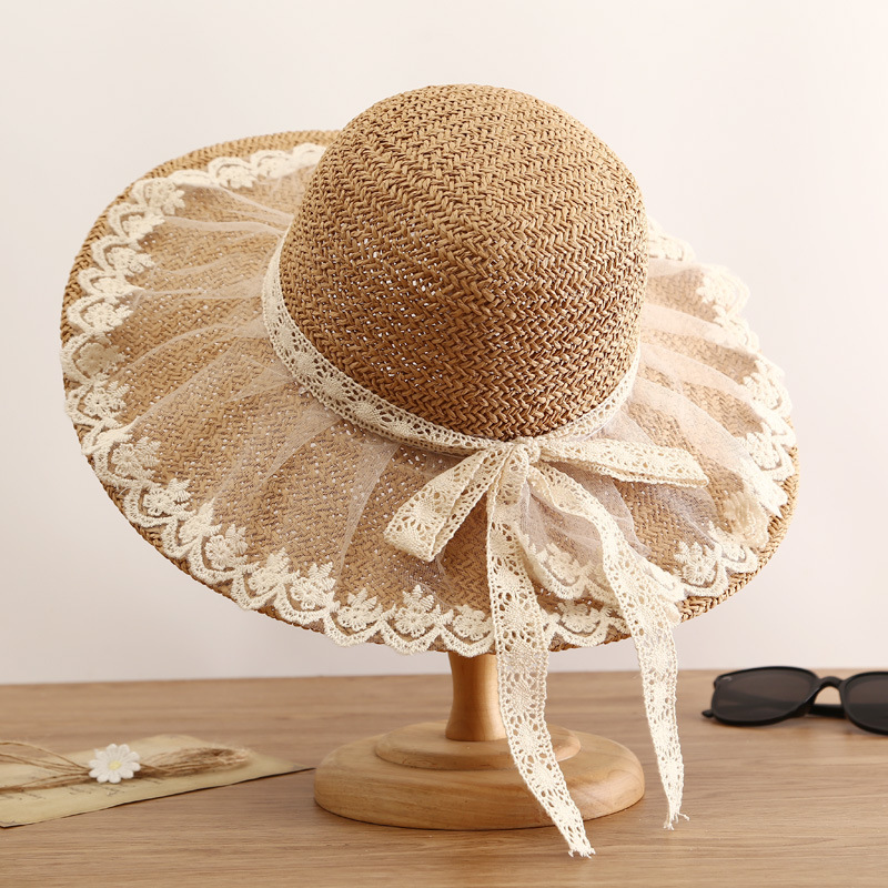 Printing Pattern Simple Straw Hat Lace Bows Hat Female Sunshade French Ladies Top Hat