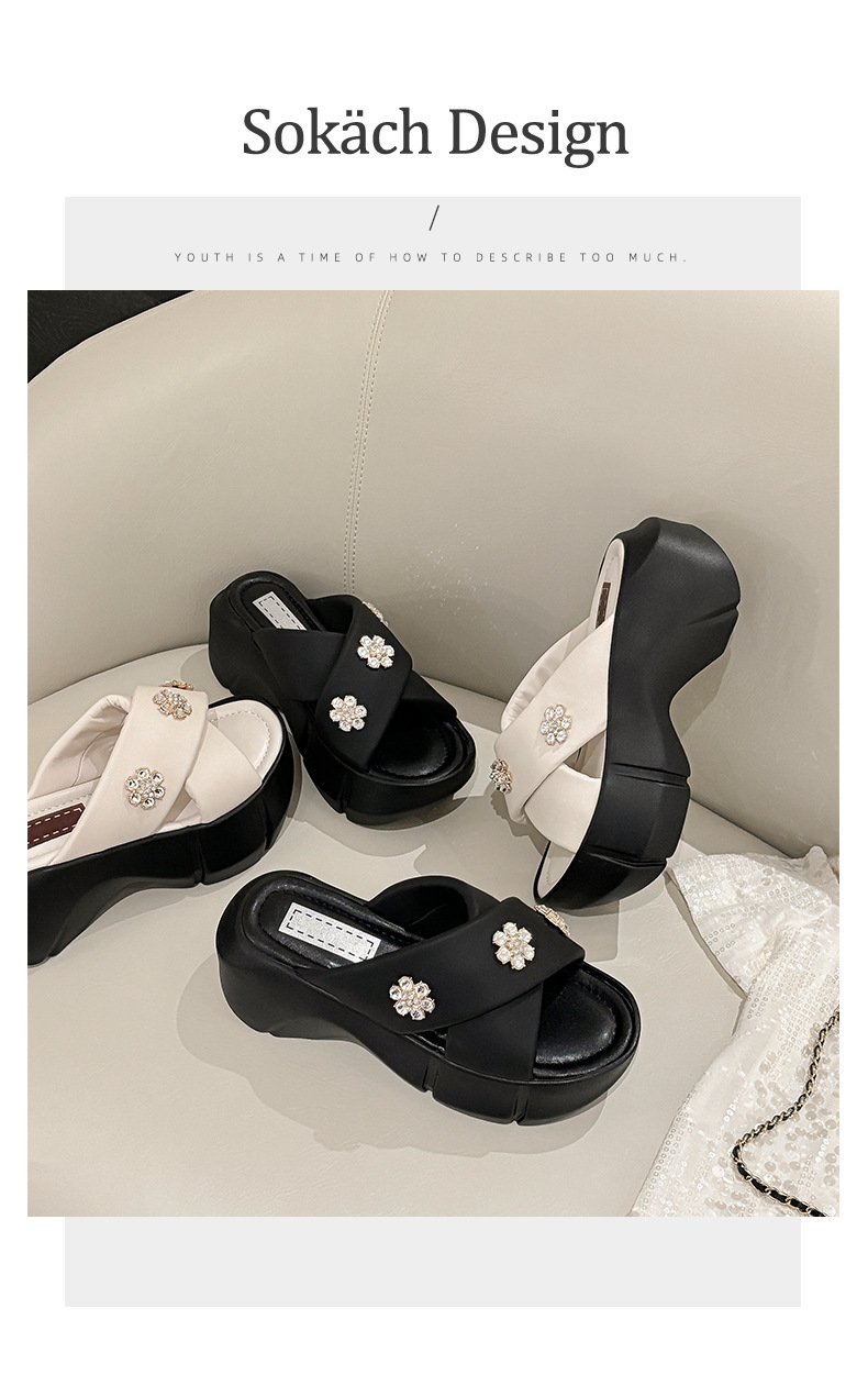 Dép sandal cao gót nữ quai chéo đính đá, đế platform dày, gót 9 cm — Màu đen, Màu trắng be chi tiết 2