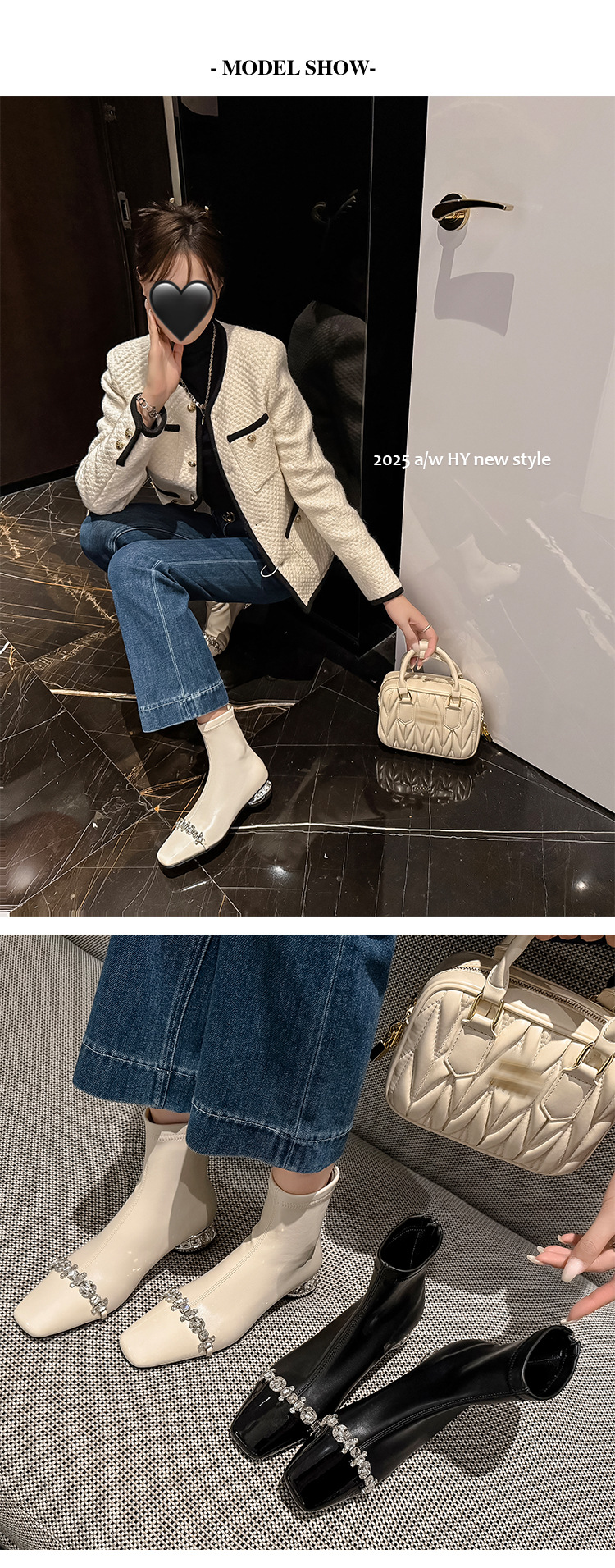 Boot ngắn nữ mũi vuông gót thấp khóa kéo sau chất nhũ đá phong thủy — nhung đen chi tiết 8
