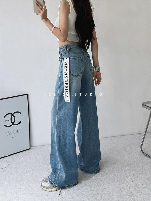 欧货春季新款重工烫钻高腰阔腿裤显瘦直筒牛仔裤女显瘦拖地裤|undefined