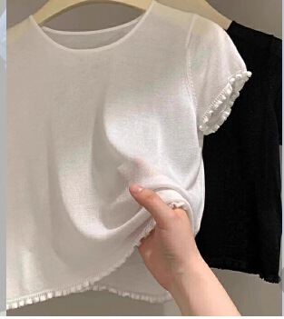 今年人気の西洋風シックなレースブルー半袖Tシャツレディース春夏デザイン通気性カジュアルトップス|undefined