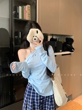薄款斜领露肩防晒长袖T恤女秋季新款设计感褶皱收腰显瘦打底上衣