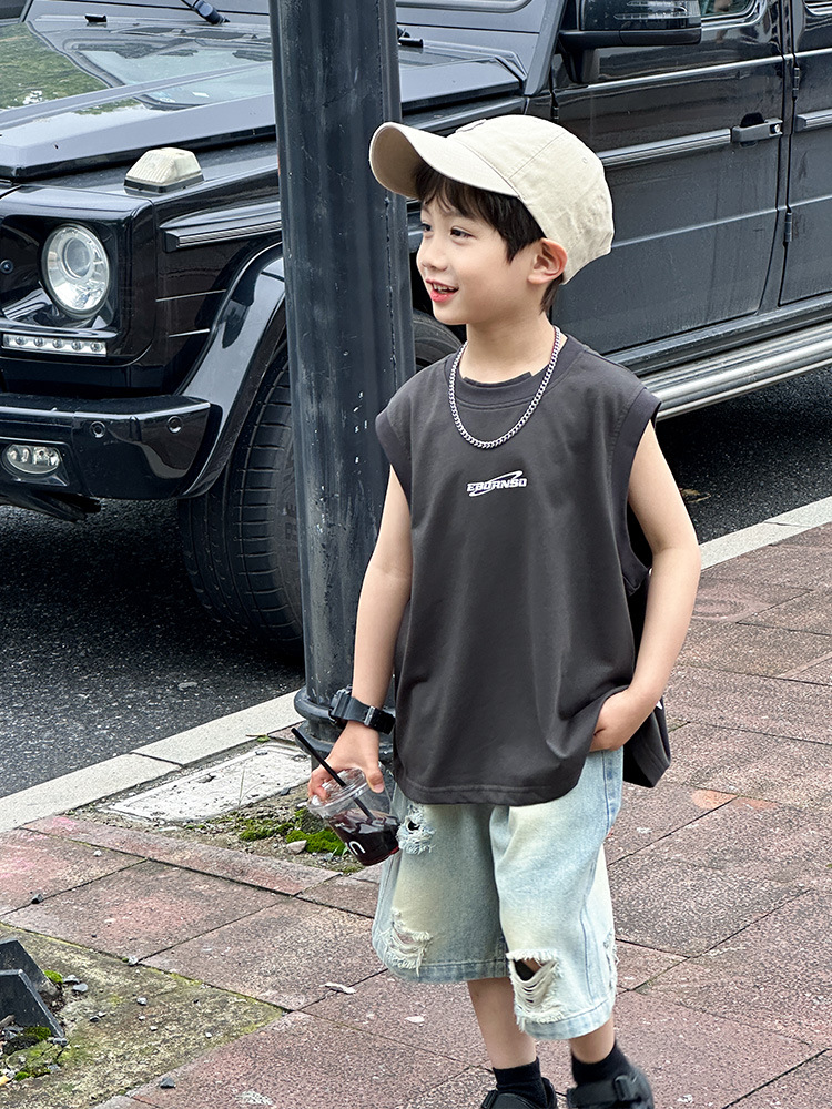 Camiseta de chaleco para niños, ropa de verano sin mangas para niños, 2026 ropa de verano para niños, nueva chaqueta de hombro suelta para niños